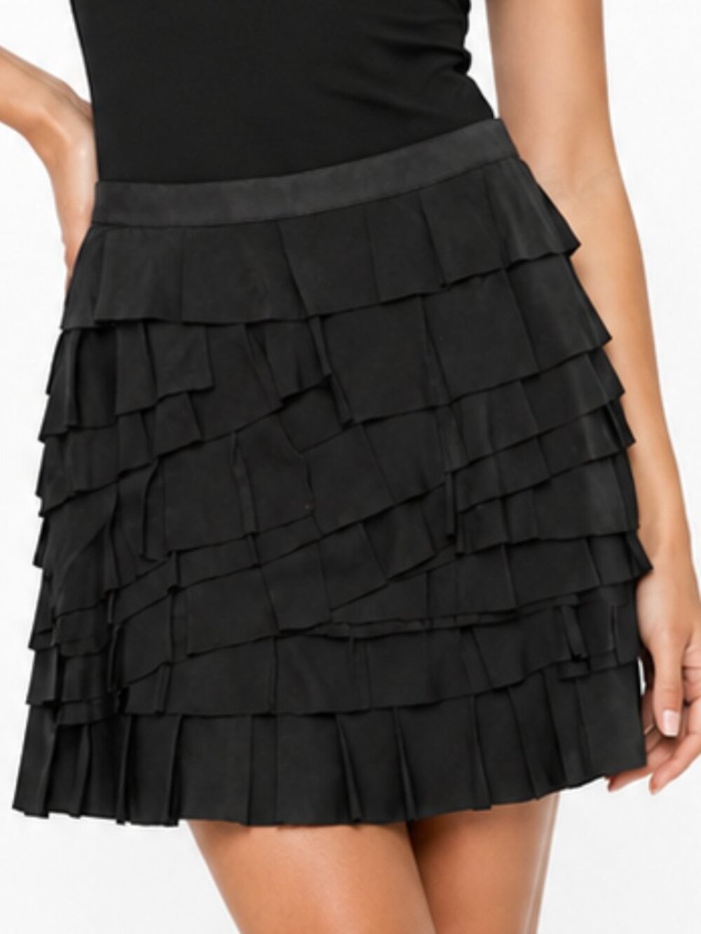 INC INTERNATIONAL CONCEPTS Black Silk Tiered Ruffle Mini Skirt Size 12